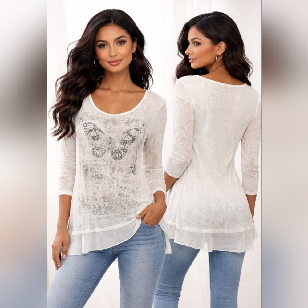 cato butterfly boho tunic top layered sheer hem long sleeve m